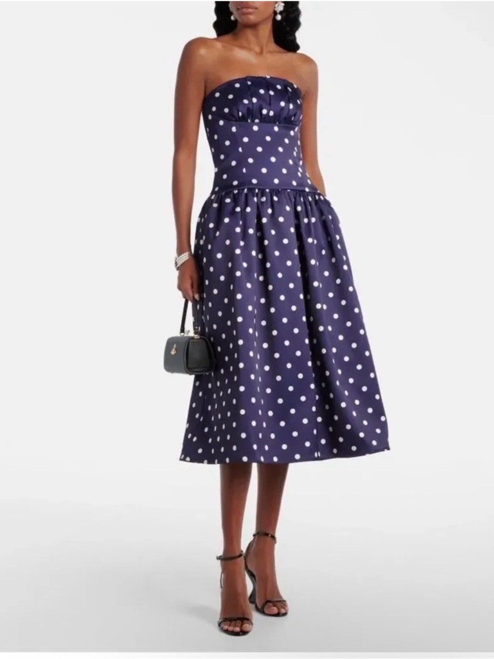 Self-Portrait Navy and White Polka Dot Strapless Midi Dress